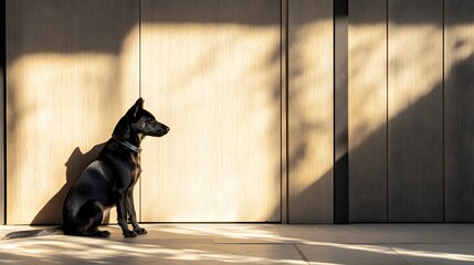 A dog waiting at a closed door in a quiet room