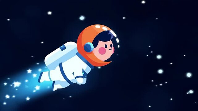 Cute Cartoon Astronaut Floating in Space with Glowing Jetpack