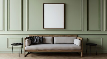 Modern living room with light beige couch and sage green walls.