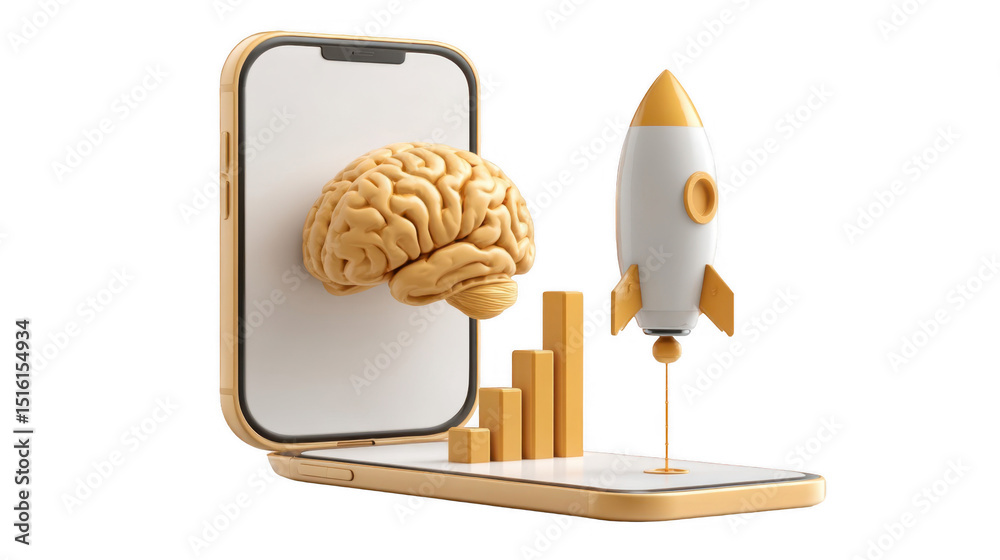 Poster 3d rendering of a smartphone showing a brain, a rocket taking off and a growing bar graph, symbolizi