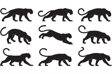 Dynamic Walking Panther Silhouettes in Different Poses
