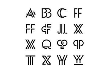 Collection of stylized black and white letter logo designs on white background