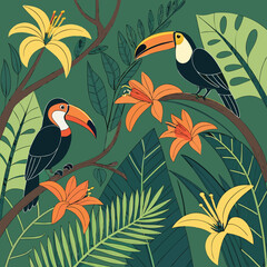 Obraz premium Vibrant jungle floral design with toucans and tiger lilies