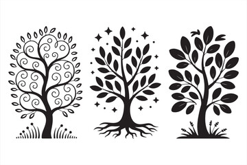 Fototapeta premium Stylized Trees with Organic Shapes, Swirls, and Sparkles for Whimsical and Nature-Focused Designs