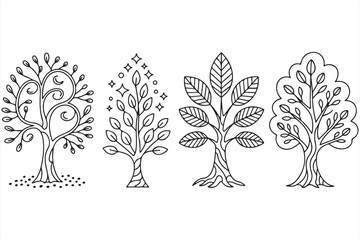 Minimalist Tree Icons with Swirling Roots and Leaves for Nature and Artistic Themes