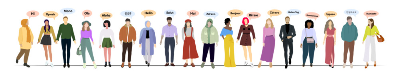Diverse happy people say hello in different languages. Speech bubbles. Vector illustration Not AI generated