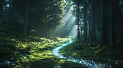 Obraz premium Enchanting forest pathway serene nature scene digital art tranquil environment warm sunlight mystical concept