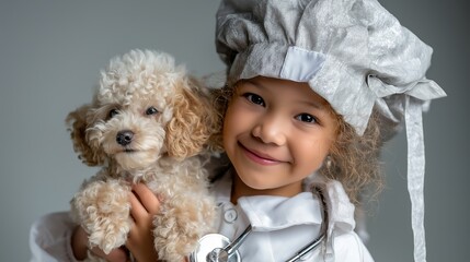 South east asian little girl dressed up as a veterinarian holding a dog, professional portrait