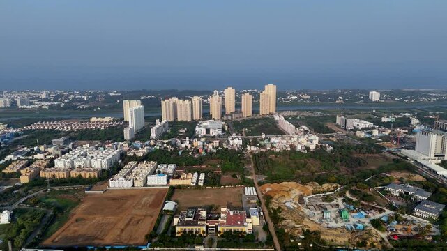 Aerial video of development stages and numerous high-rises strongly resembles Chennai's expanding urban and suburban areas, particularly along the OMR corridor.