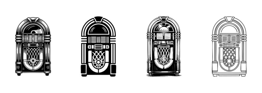 set of vintage jukebox vector illustrations, retro music player entertainment and diner decor