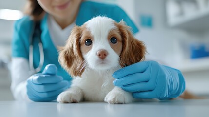 A veterinarian gently handles an adorable puppy, embodying care and compassion, in a bright, clean clinic, showcasing the bond between pets and their caregivers.