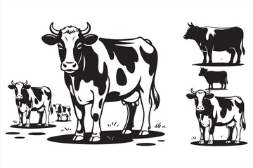 Various Cow Poses in Black and White Illustration Style for Farm and Rural Themes