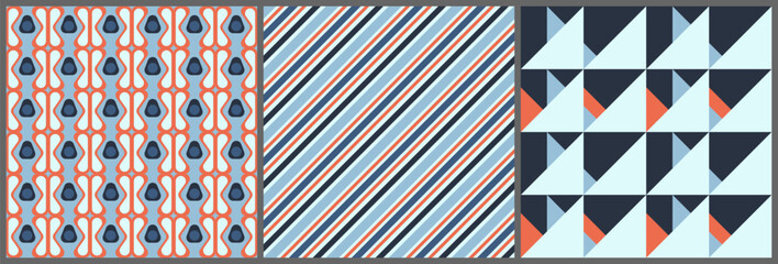 Geometric Seamless Vector Pattern Set with Retro Stripes, Abstract Shapes and Triangles
