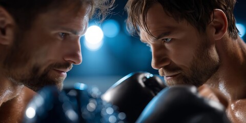 Two pro male boxer facing each other ready to fight inside ring.