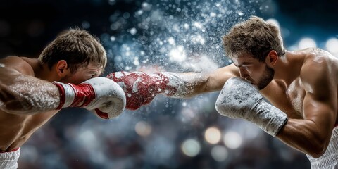 Two pro male boxer facing each other ready to fight inside ring.
