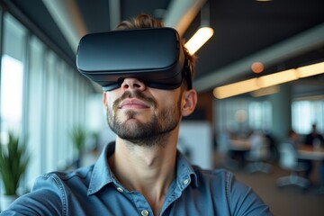 A businessman wearing a virtual reality headset in a contemporary office environment.