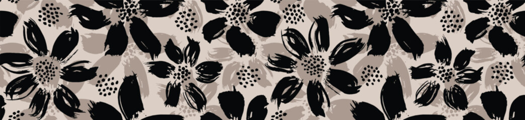 flowers hand drawn seamless pattern. ink brush texture. 