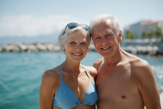 Happy elderly caucasian couple enjoying a sunny beach day together
