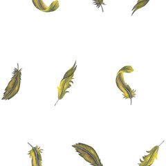 Seamless watercolor pattern of yellow-green feathers isolated on white background hand drawn
