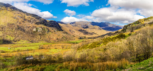 Naklejka premium A view up the valley at the northern end of lake Gwynant in the foothills of Snowdonia at Beddgelert, Wales in springtime