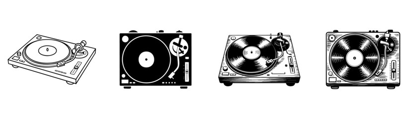 Fototapeta premium set of vintage turntable record player vector illustrations, music and dj equipment 