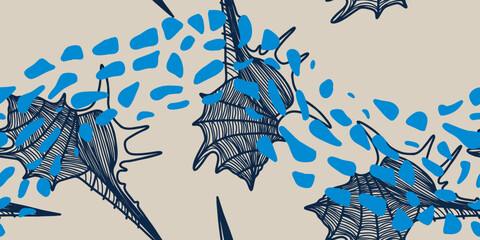 Hand-drawn seashells on blue surface
