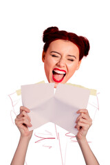 3d retro abstract creative artwork template collage of cheerful funny female screaming head hands...