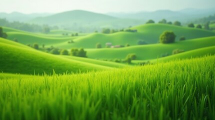 Fototapeta premium Green rice fields in the mountains of Thailand offer a beautiful summer landscape with a clear blue sky, fluffy clouds, and lush green agriculture