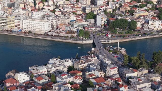 Aerial footage of the old bridge of Chalkida stretching over the Evripos Strait in the Euboean Gulf &mdash; a historic landmark and symbol of the city&rsquo;s identity.