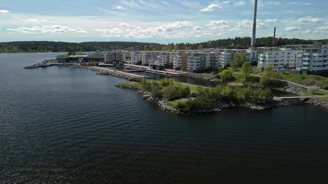 Aerial shot pusing forward to a small boats harbor.