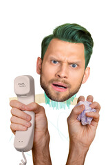 Vertical collage absurd huge face guy green hair workaholic tired hold retro handset paper crumpled...