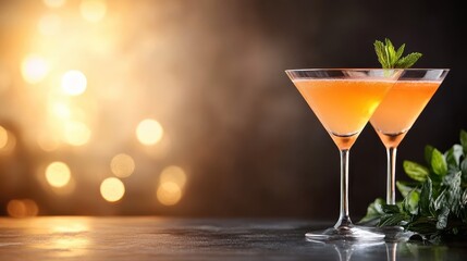 Two refreshing cocktails in elegant glasses, garnished with mint, create a stunning visual against a blurred backdrop, suggesting celebration and elegance in a social setting.