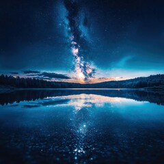 Stargazing over a serene lake night sky nature photography tranquil environment wide-angle view cosmic wonder