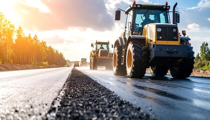 Road construction tractors sunset.