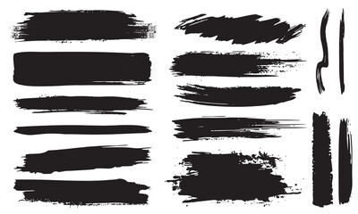 Black brush strokes vector illustration, abstract grunge texture on white background. Artistic design element, paint smear, ink splatter, creative graphic element collection.