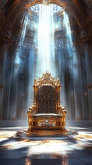 Majestic throne displaying regal splendor grand hall digital art illuminated atmosphere bird's eye view royalty concept