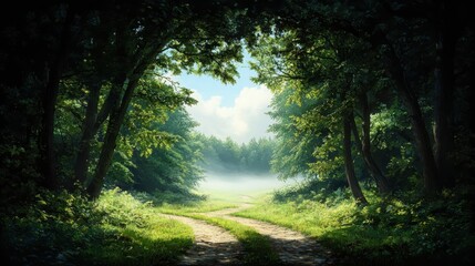 Exploring a serene forest path nature landscape misty morning light tranquil environment peaceful viewpoint