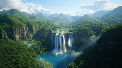 Majestic waterfall cascading in lush green valley nature photography scenic viewpoint tranquil environment