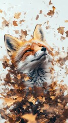 Fox amid falling leaves nature scene digital art calm atmosphere close-up view animal portrait