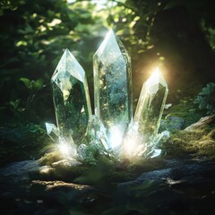 Mystical crystal formation enchanted forest nature photography lush environment close-up view magical aesthetic