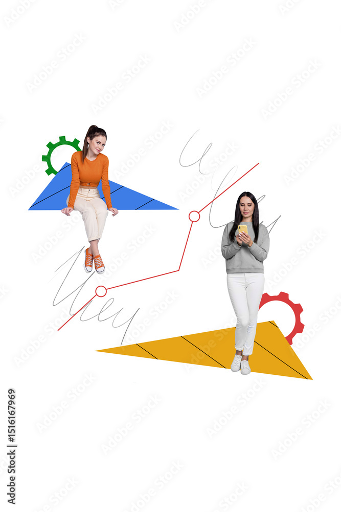 Poster vertical creative composite photo collage of nice girls look at notification settings in application