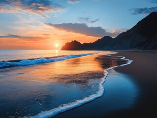Sunset reflection on tranquil beach coastal landscape seaside serene atmosphere peaceful view