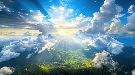 Majestic sunlit landscape over rolling hills nature scene aerial view vibrant cloudy sky tranquil environment