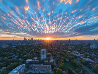 Stunning sunset over city skyline urban landscape aerial view vibrant colors nature's beauty