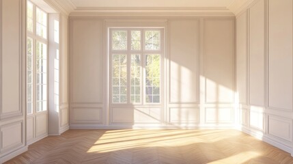 Sunlit Empty Room Interior with Large Window and Parquet Flooring