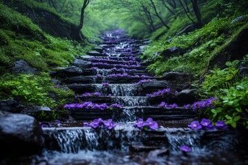 Flowing waterfalls with purple flowers serene forest trail nature photography lush green environment panoramic view tranquility