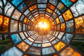 Sunset through colorful stained glass outdoor park scenic photography peaceful environment close-up view