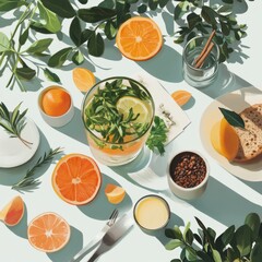 Refreshing citrus drink with fresh fruits and herbs kitchen table food photography bright natural light