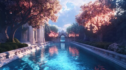 Tranquil river reflection at dawn serene garden digital art fantasy landscape wide angle nature's beauty