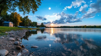 Sunset reflection on calm lake scenic nature view outdoor photography tranquil environment
